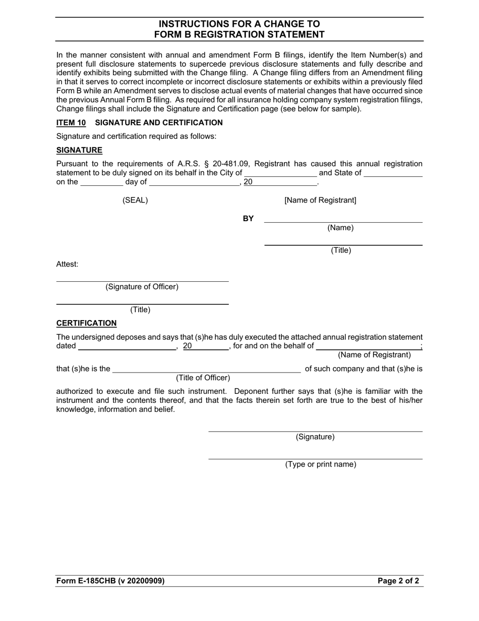Form E-185CHB Instructions for a Change to Form B Registration Statement - Arizona, Page 2
