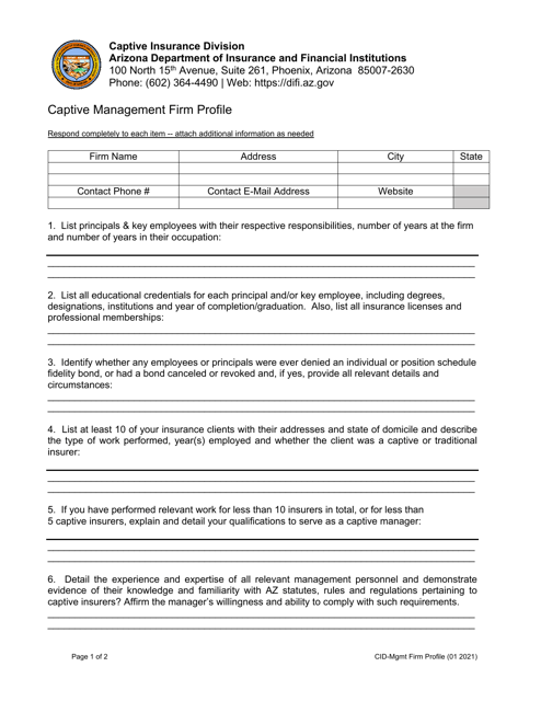 Captive Management Firm Profile - Arizona Download Pdf