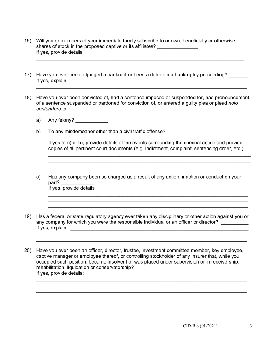 Form CID-BIO Biographical Affidavit - Captive Insurers - Arizona, Page 3