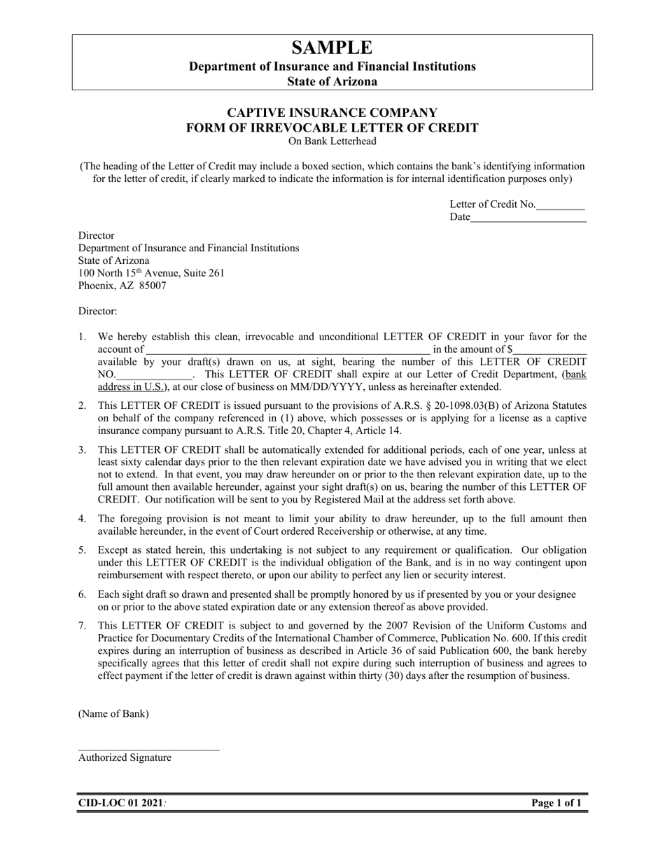 Form CID-LOC Captive Insurance Company Form of Irrevocable Letter of Credit - Sample - Arizona, Page 1