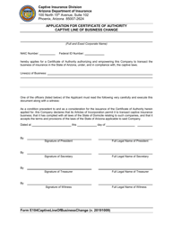 Form E104 Application for Certificate of Authority Captive Line of Business Change - Arizona