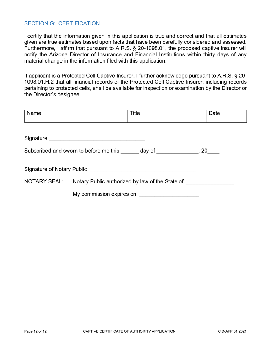 Form CID-APP Application for a Captive Insurance Company License - Arizona, Page 12