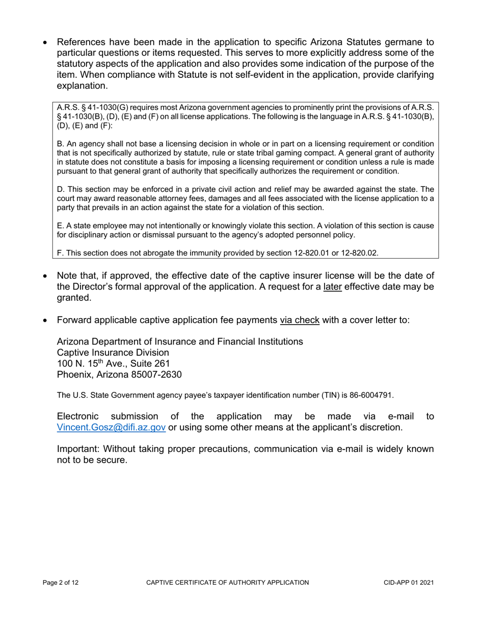 Form CID-APP Application for a Captive Insurance Company License - Arizona, Page 2