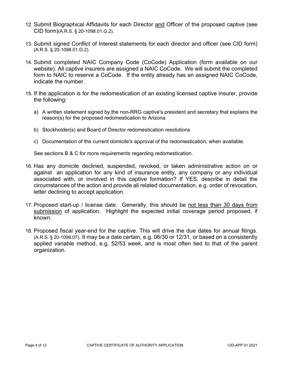 Form CID-APP Application for a Captive Insurance Company License - Arizona, Page 4
