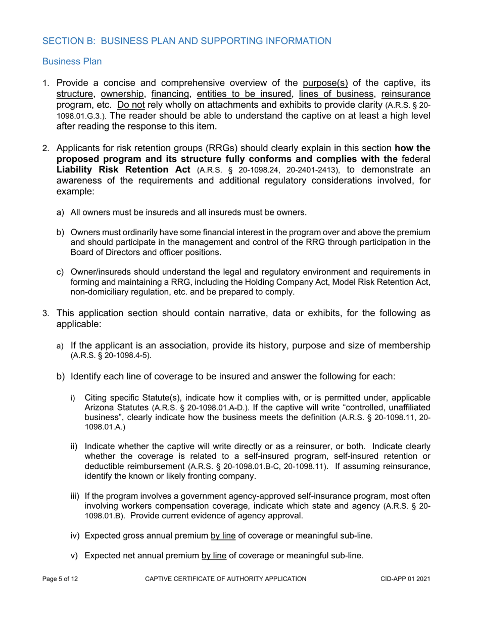 Form CID-APP Application for a Captive Insurance Company License - Arizona, Page 5
