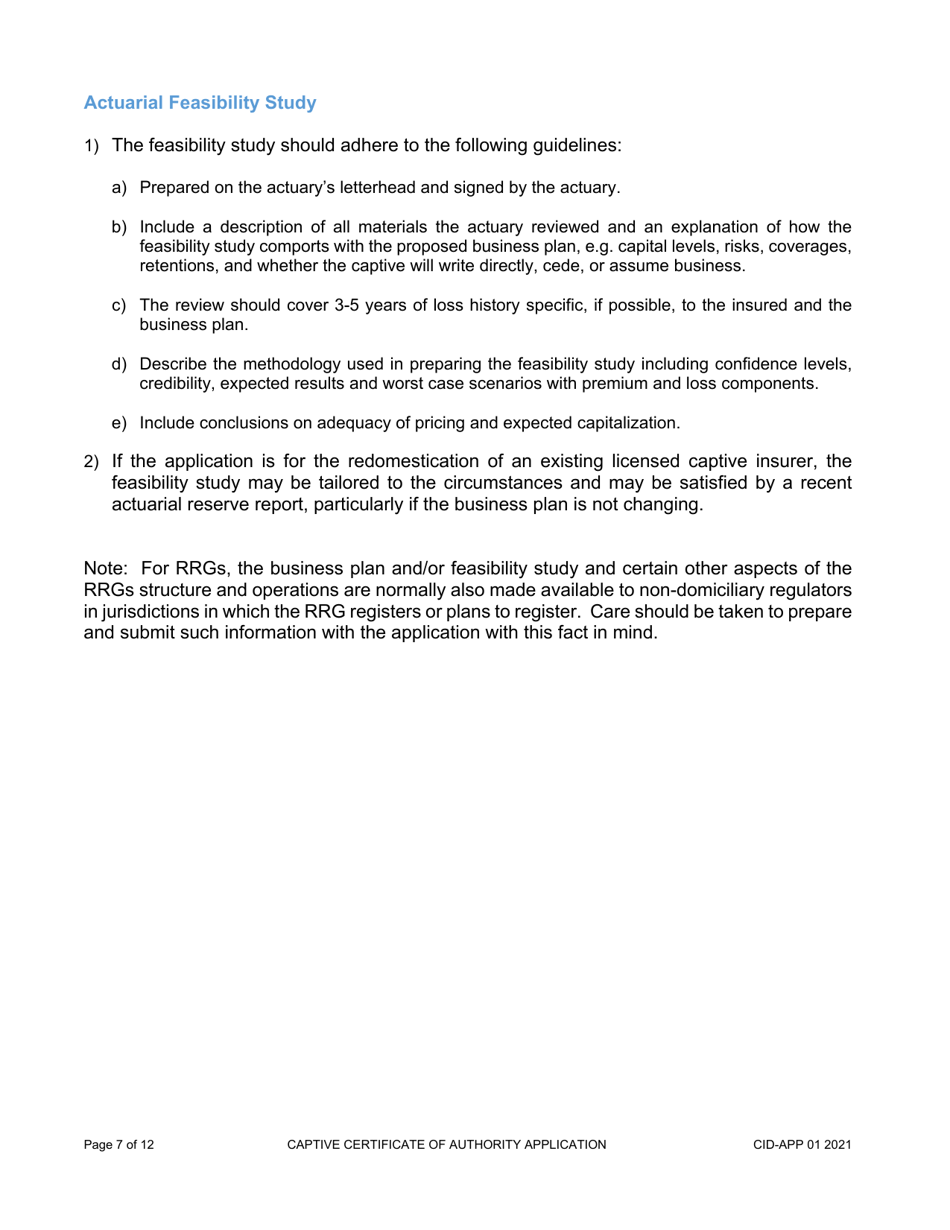 Form CID-APP Application for a Captive Insurance Company License - Arizona, Page 7