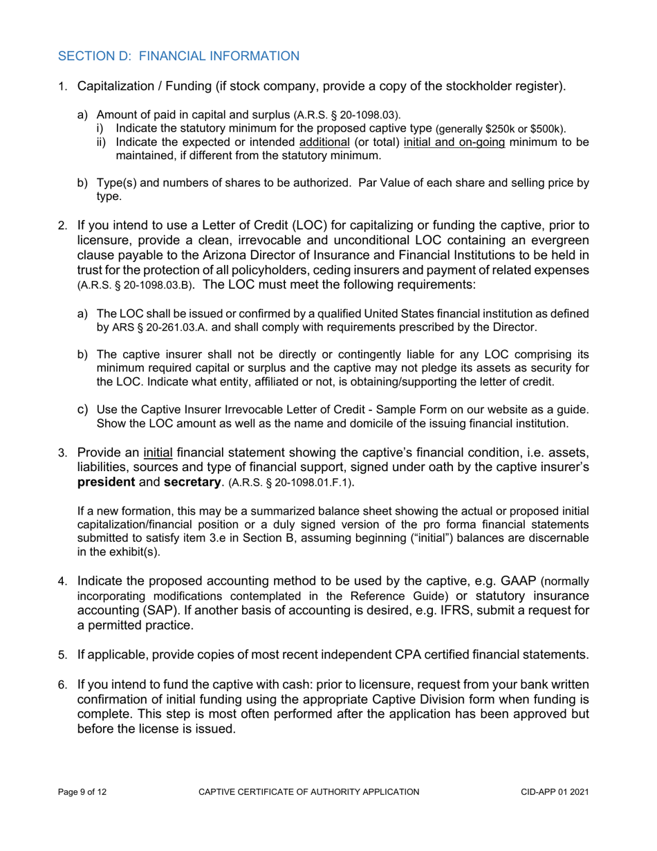 Form CID-APP Application for a Captive Insurance Company License - Arizona, Page 9