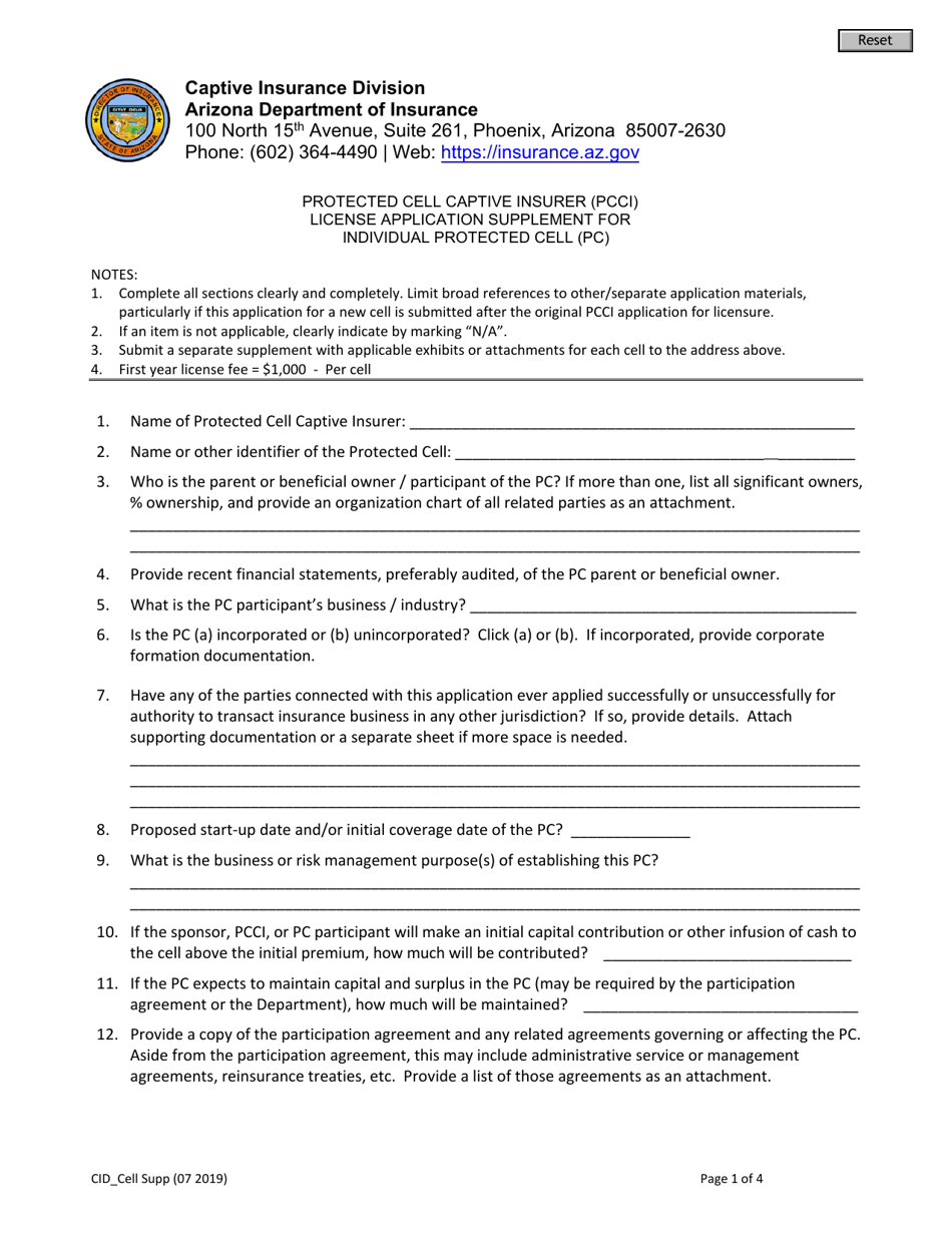 Protected Cell Captive Insurer (Pcci) License Application Supplement for Individual Protected Cell (Pc) - Arizona, Page 1