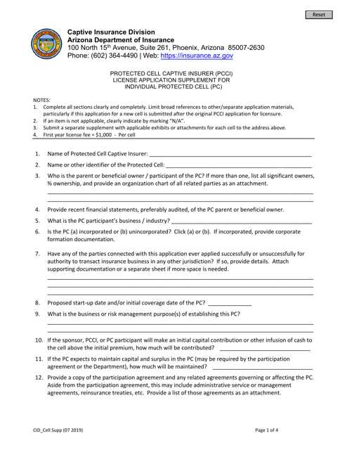 Protected Cell Captive Insurer (Pcci) License Application Supplement for Individual Protected Cell (Pc) - Arizona Download Pdf