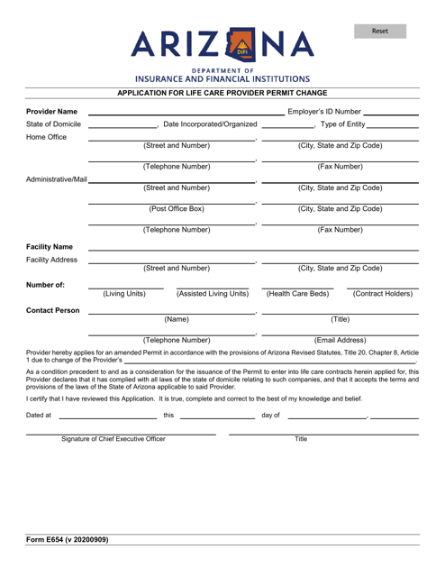 Form E654 Application for Life Care Provider Permit Change - Arizona