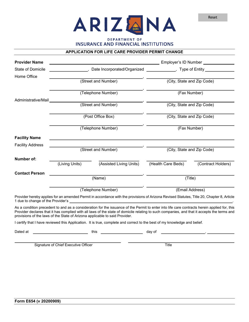 Form E654 Application for Life Care Provider Permit Change - Arizona, Page 1