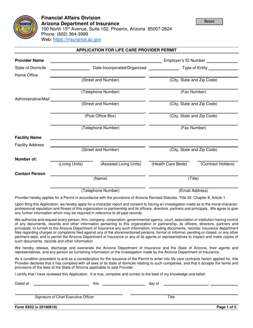 Form E652 Application for Life Care Provider Permit - Arizona