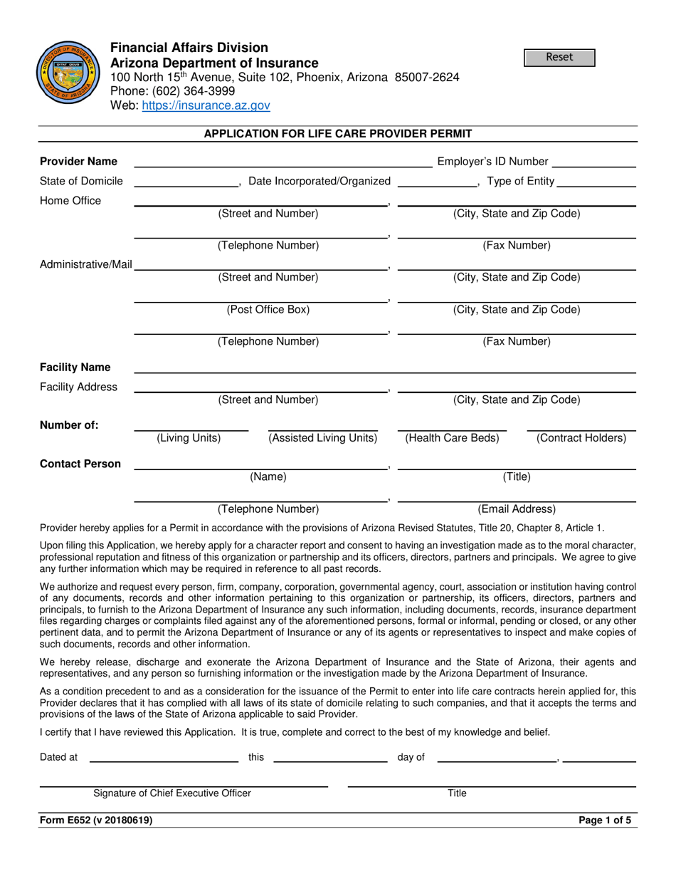 Form E652 Application for Life Care Provider Permit - Arizona, Page 1