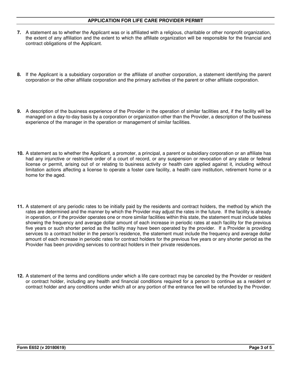 Form E652 Application for Life Care Provider Permit - Arizona, Page 3