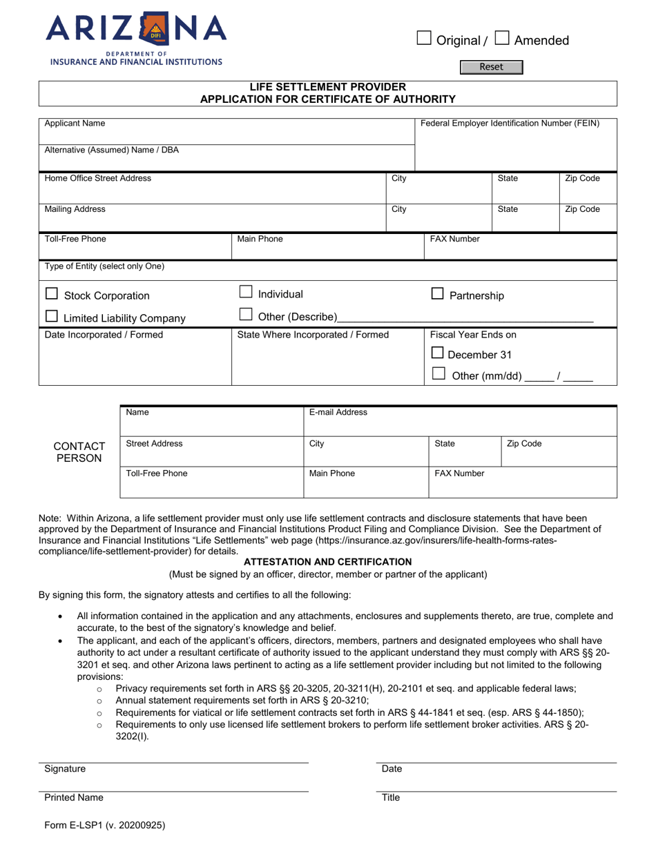 Form E-LSP1 Life Settlement Provider Application for Certificate of Authority - Arizona, Page 1