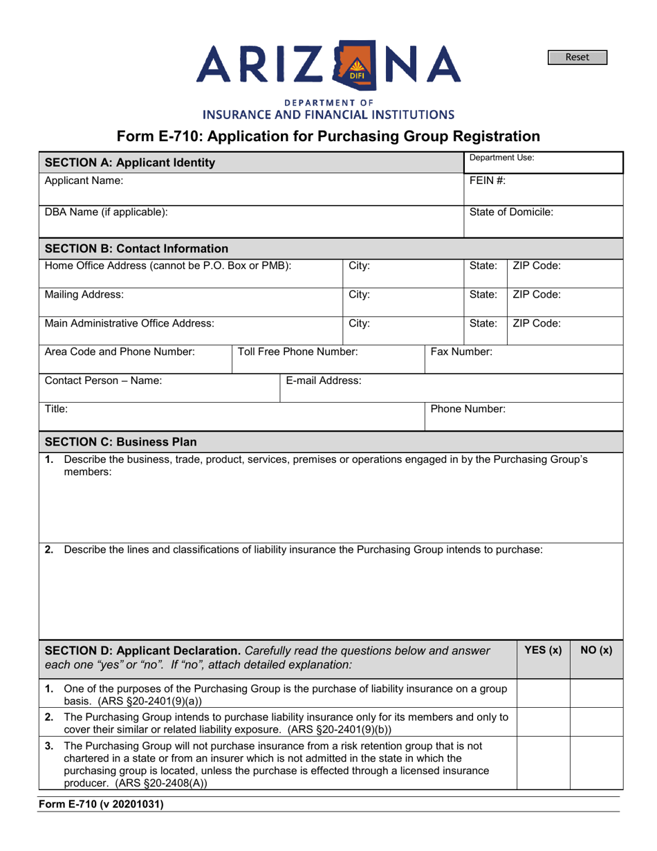 Form E-710 Application for Purchasing Group Registration - Arizona, Page 1