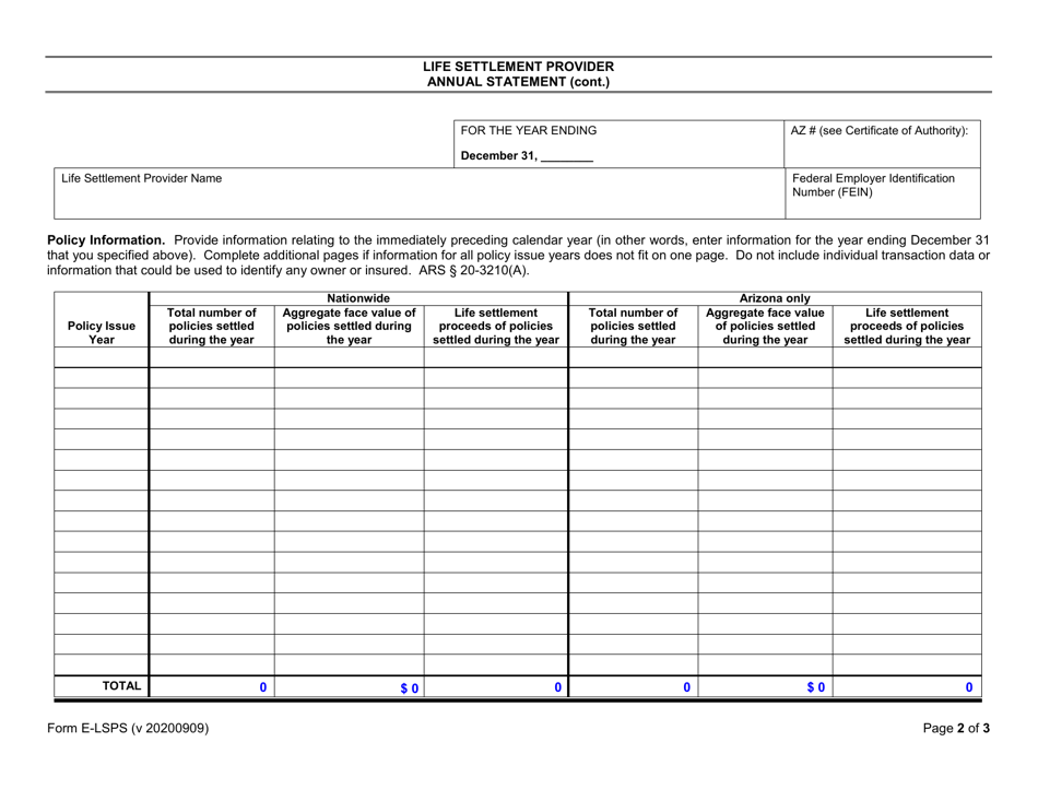 Form E-LSPS Life Settlement Provider Annual Statement - Arizona, Page 2