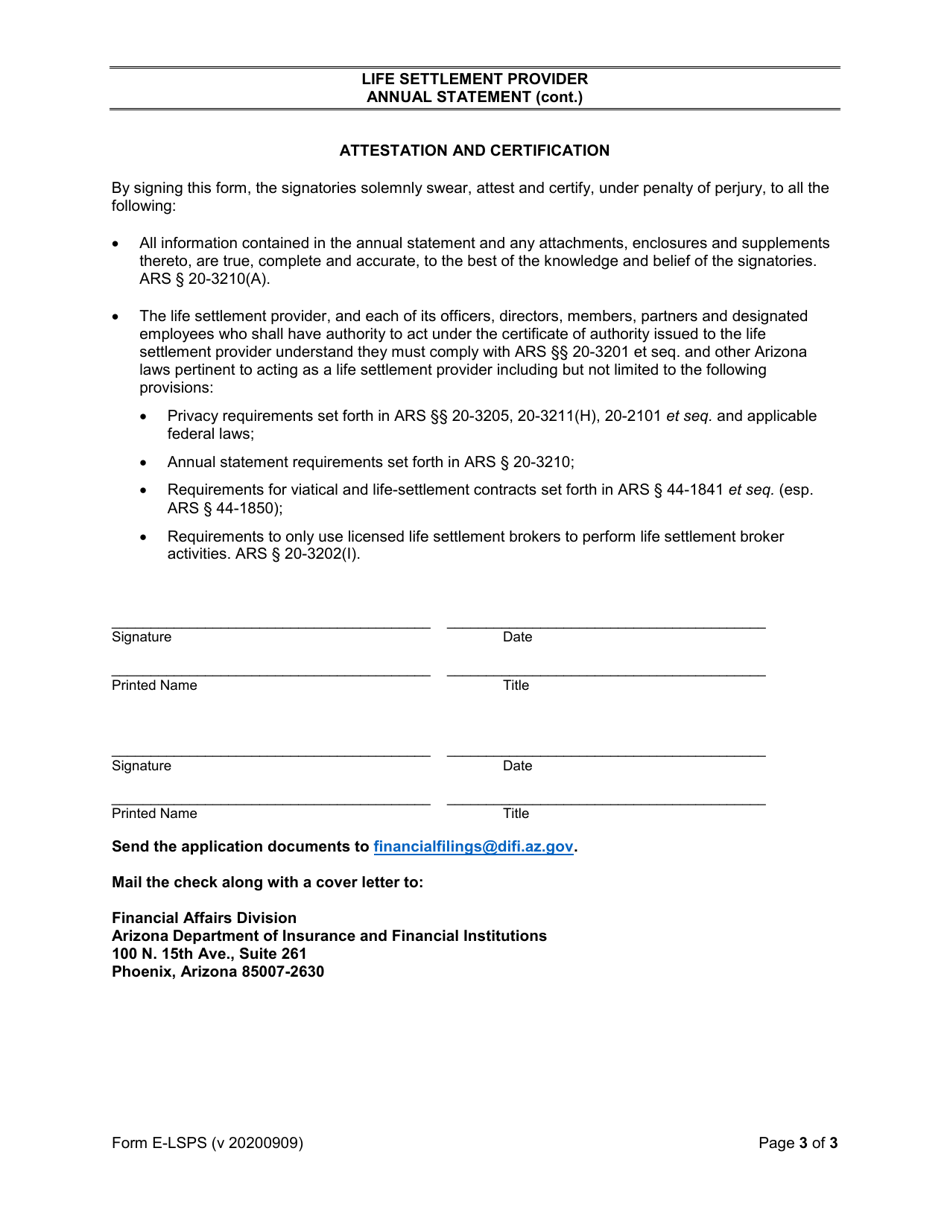 Form E-LSPS Life Settlement Provider Annual Statement - Arizona, Page 3
