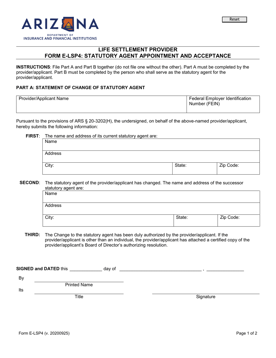 Form E-LSP4 Life Settlement Provider Statutory Agent Appointment and Acceptance - Arizona, Page 1