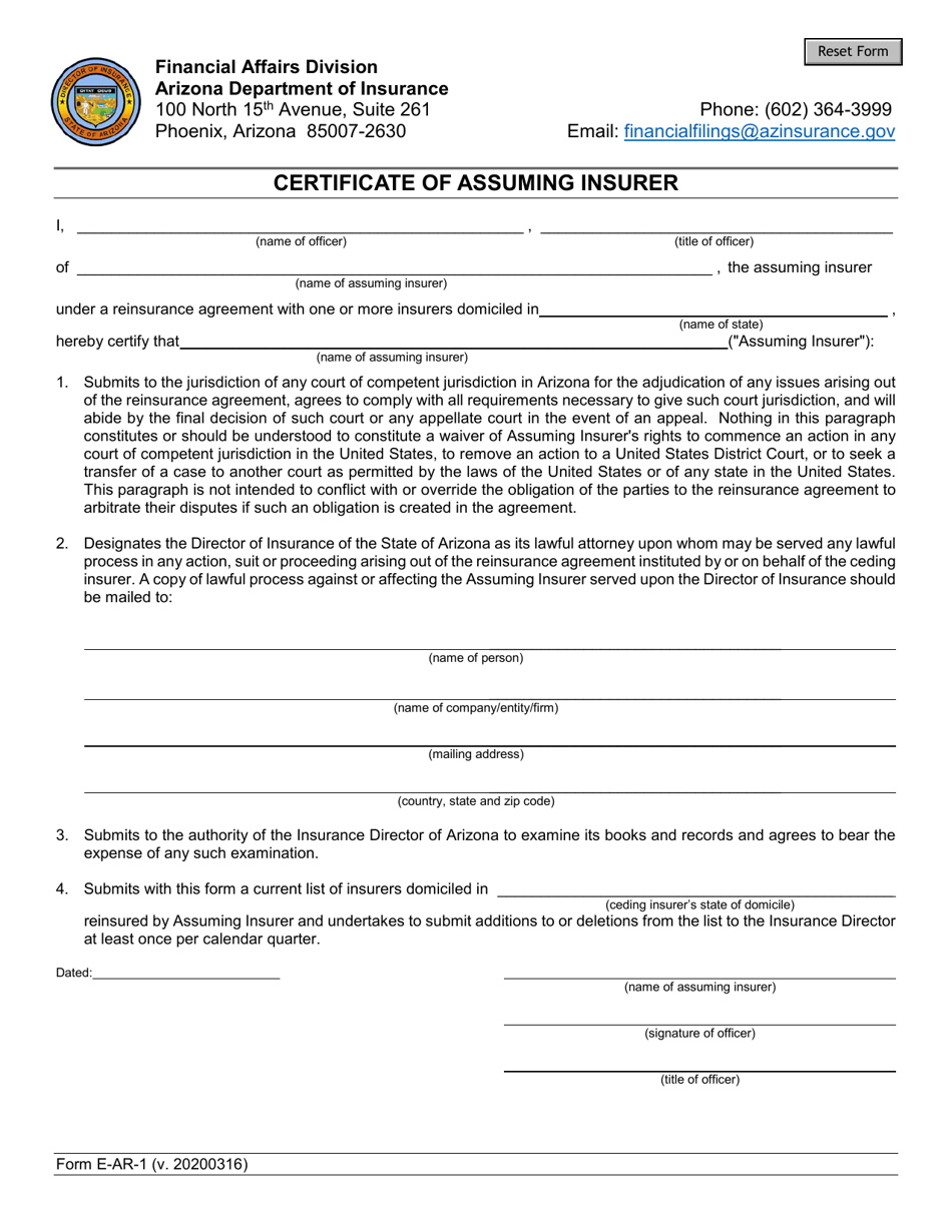 Form E-AR-1 Certificate of Assuming Insurer - Arizona, Page 1