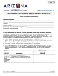 Document preview: Form E-CR-C Uniform Application Checklist for Certified Reinsurers - Arizona