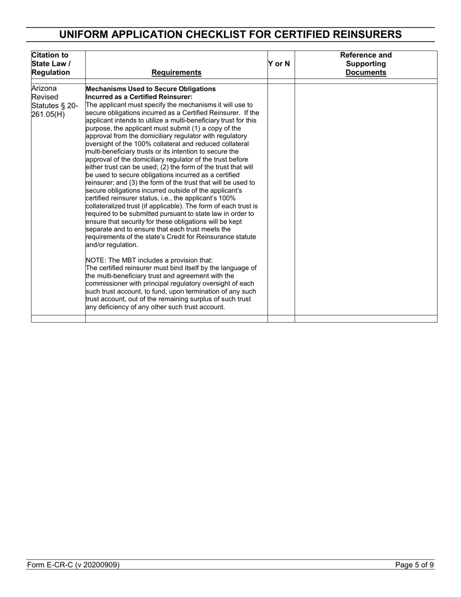 Form E-CR-C Uniform Application Checklist for Certified Reinsurers - Arizona, Page 5