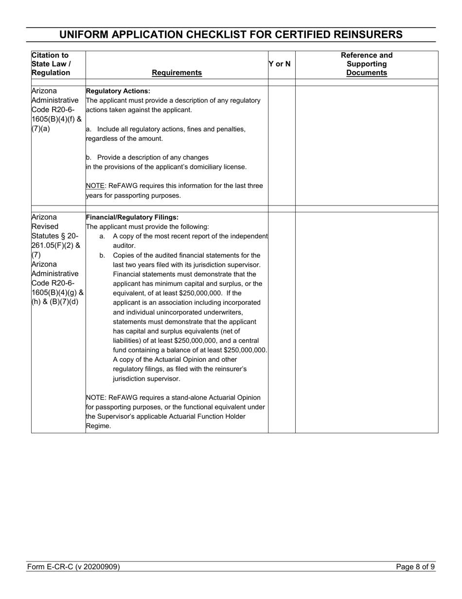 Form E-CR-C Uniform Application Checklist for Certified Reinsurers - Arizona, Page 8