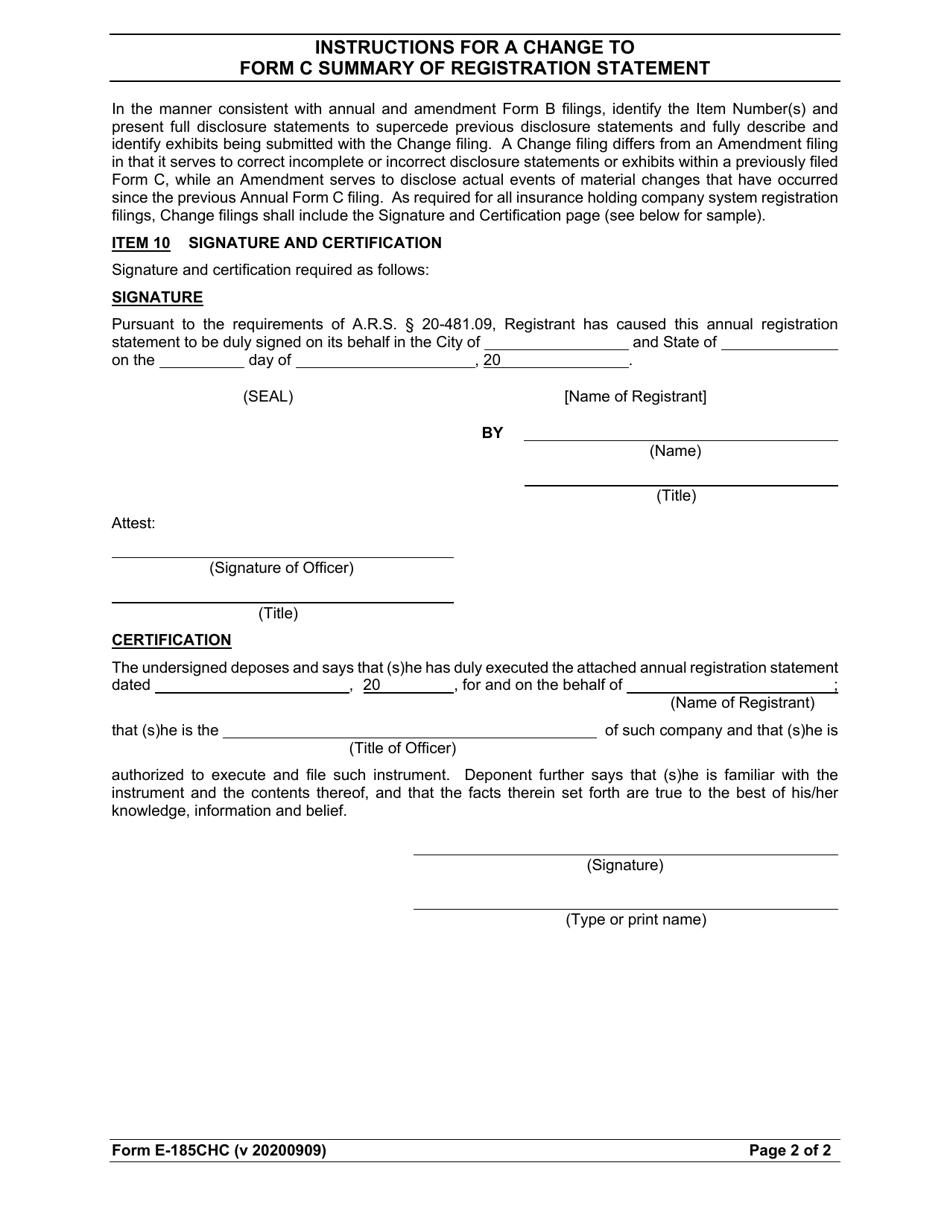 Form E-185CHC Instructions for a Change to Form C Summary of Registration Statement - Arizona, Page 2