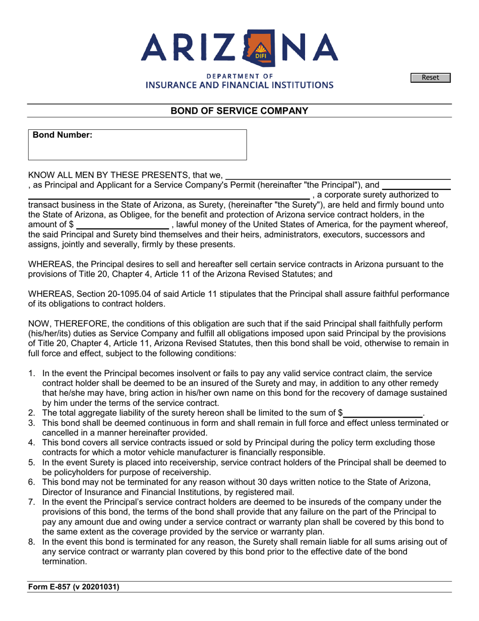 Form E-857 Bond of Service Company - Arizona, Page 1