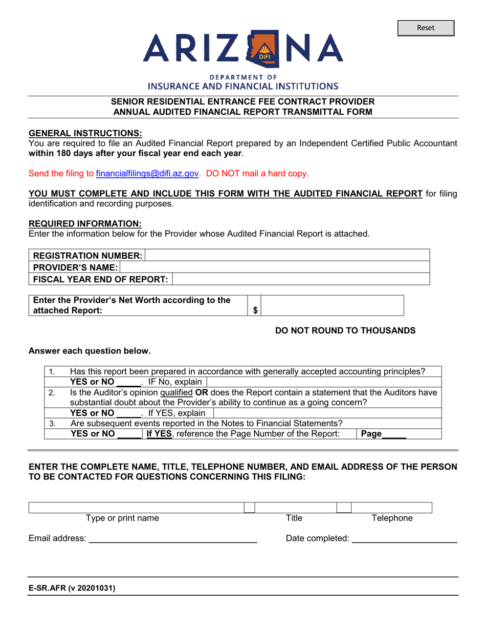 Form E-SR.AFR Senior Residential Entrance Fee Contract Provider Annual Audited Financial Report Transmittal Form - Arizona, Page 1