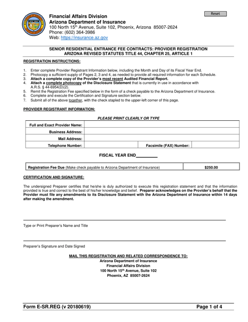 Form E-SR.REG Senior Residential Entrance Fee Contracts: Provider Registration - Arizona