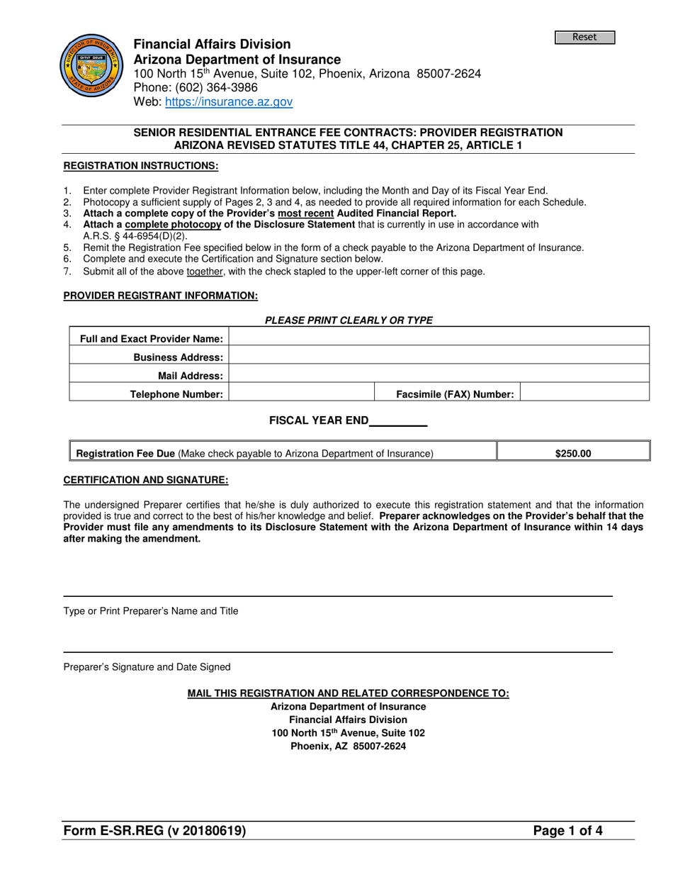 Form E-SR.REG Senior Residential Entrance Fee Contracts: Provider Registration - Arizona, Page 1