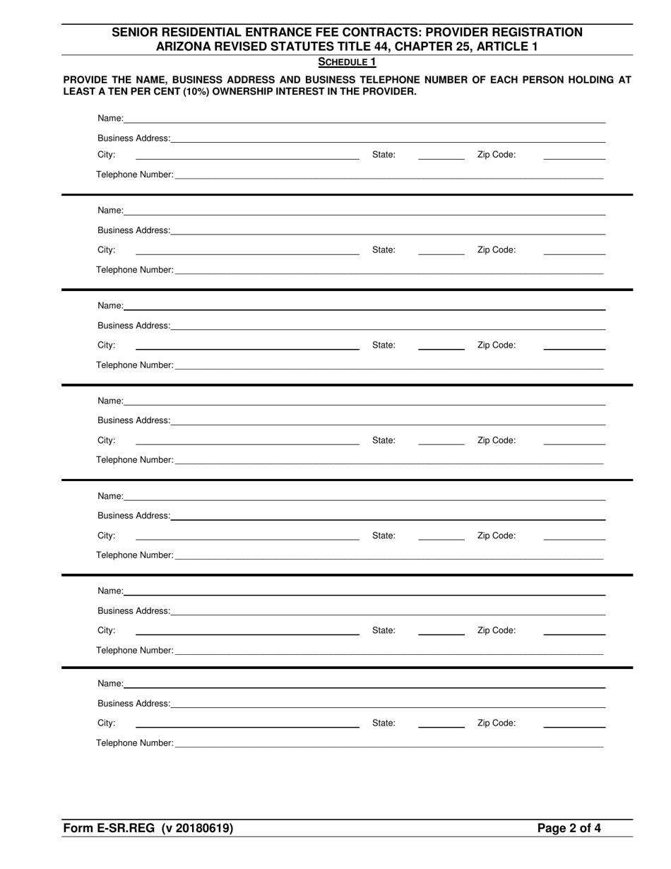 Form E-SR.REG Senior Residential Entrance Fee Contracts: Provider Registration - Arizona, Page 2