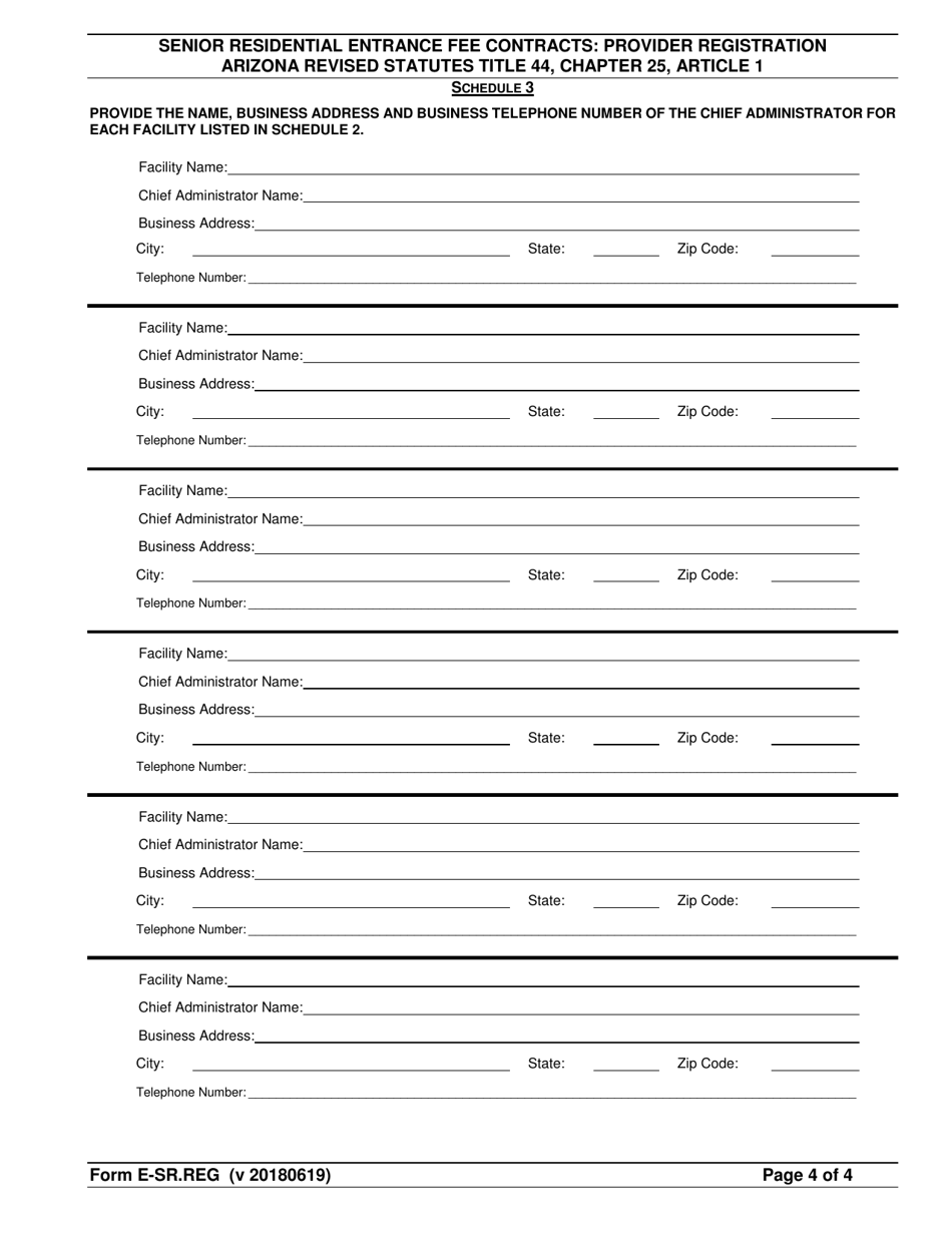 Form E-SR.REG Senior Residential Entrance Fee Contracts: Provider Registration - Arizona, Page 4