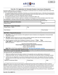 Form SL-112 &quot;Application for Domestic Surplus Lines Insurer Designation&quot; - Arizona