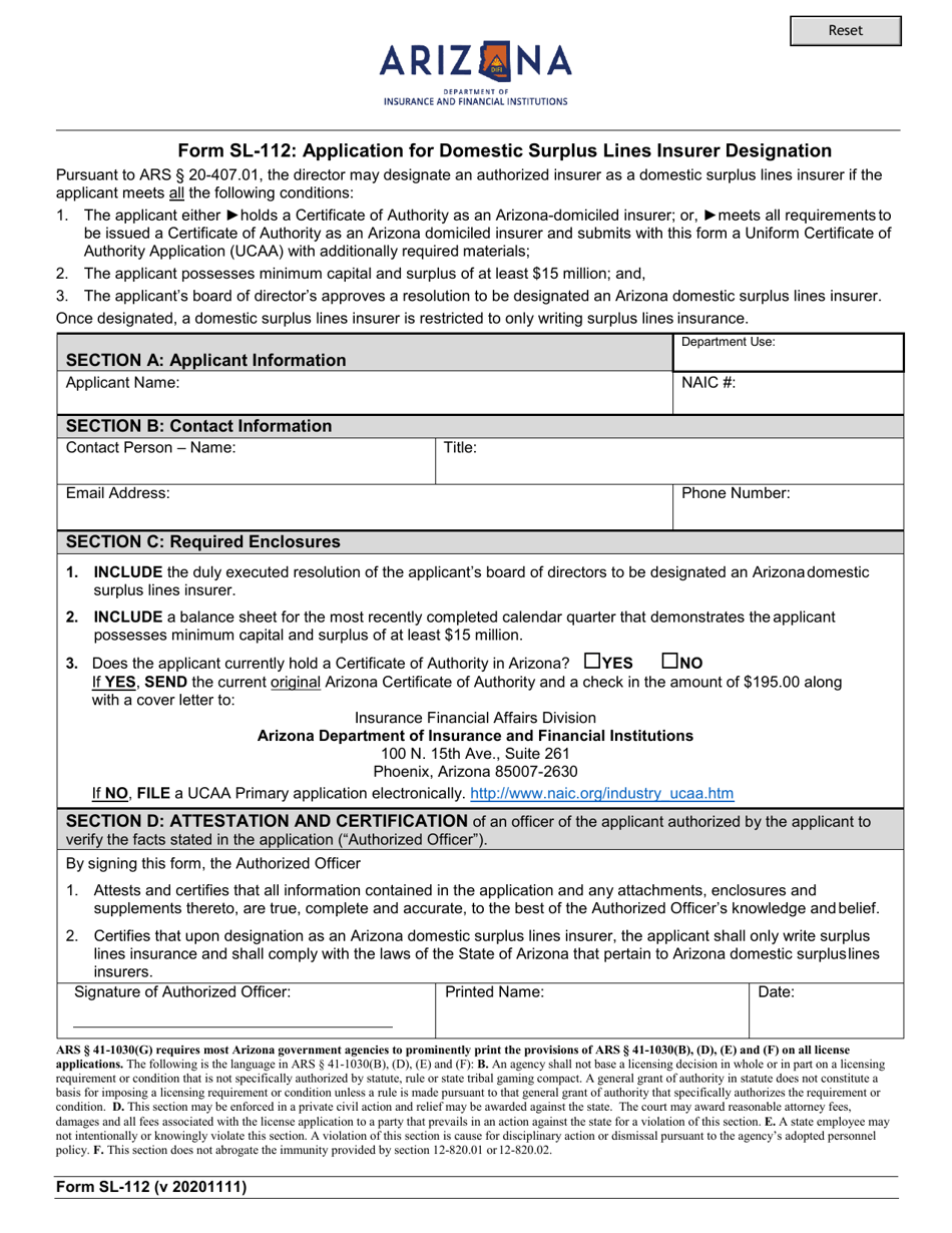Form SL-112 Application for Domestic Surplus Lines Insurer Designation - Arizona, Page 1