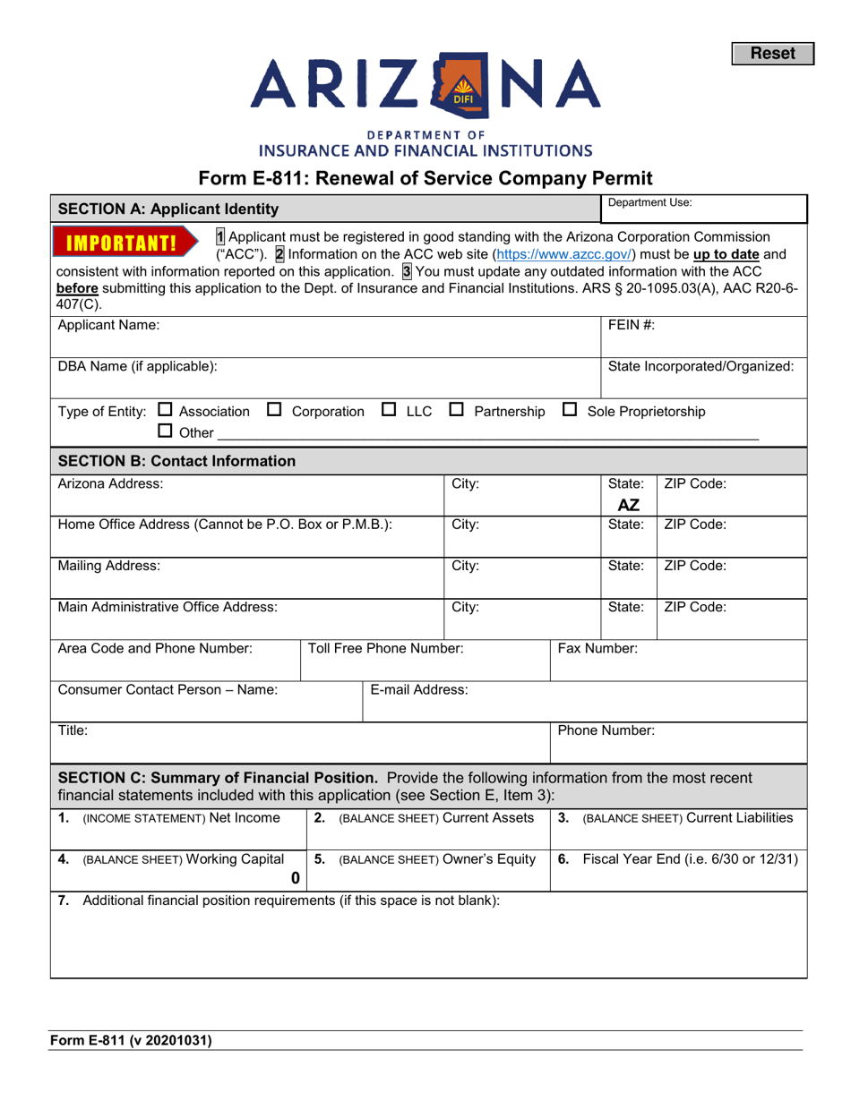Form E-811 Renewal of Service Company Permit - Arizona, Page 1