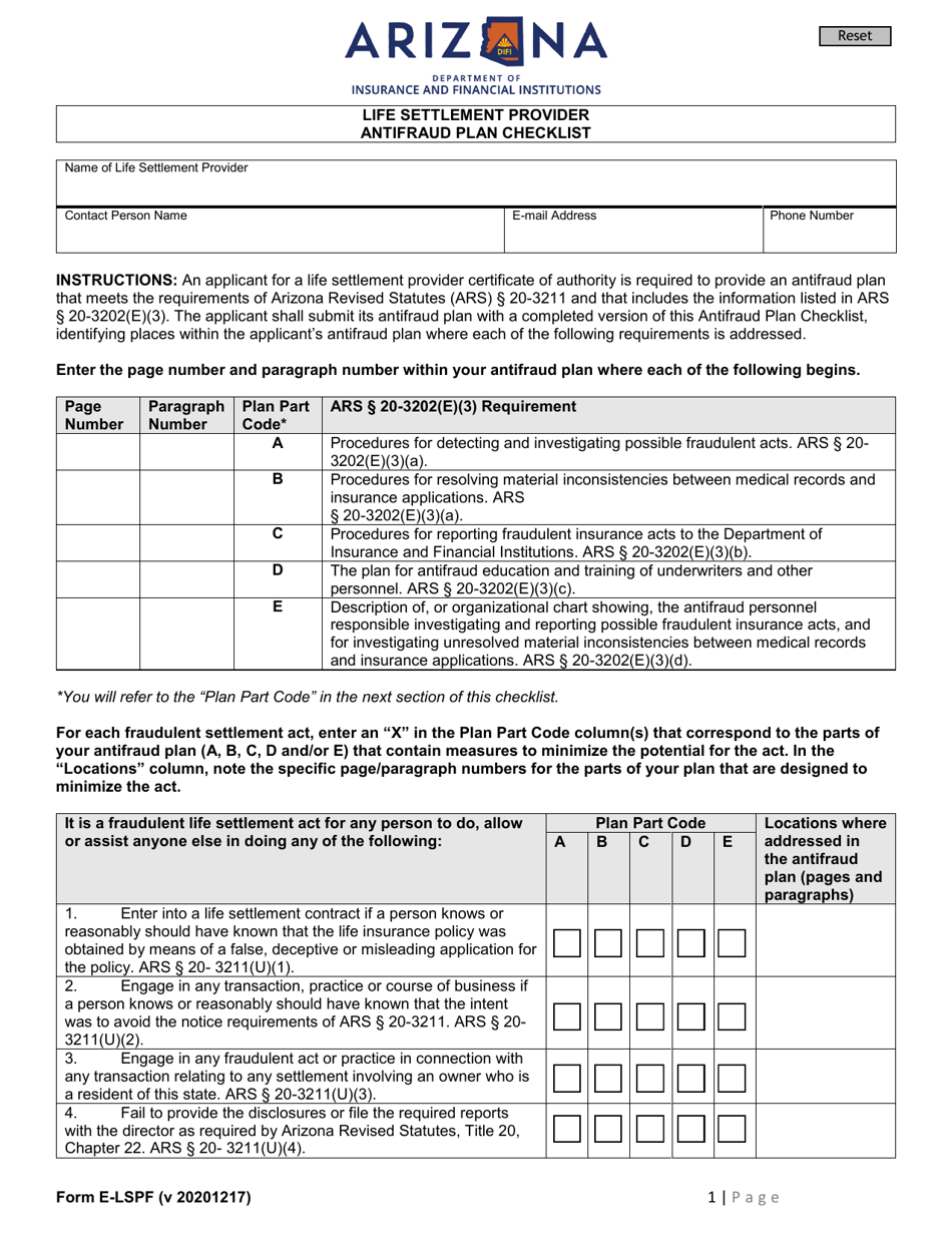Form E-LSPF Life Settlement Provider Antifraud Plan Checklist - Arizona, Page 1