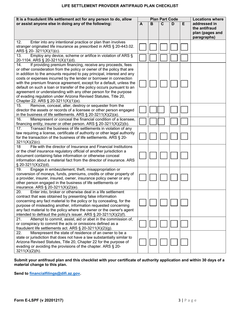 Form E-LSPF Life Settlement Provider Antifraud Plan Checklist - Arizona, Page 3
