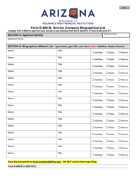 Document preview: Form E-800-B Service Company Biographical List - Arizona