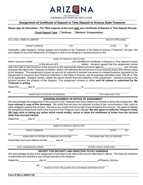 Form E150 Assignment of Certificate of Deposit or Time Deposit to Arizona State Treasurer - Arizona