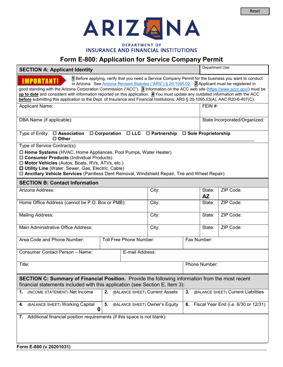 Form E-800 Application for Service Company Permit - Arizona, Page 1