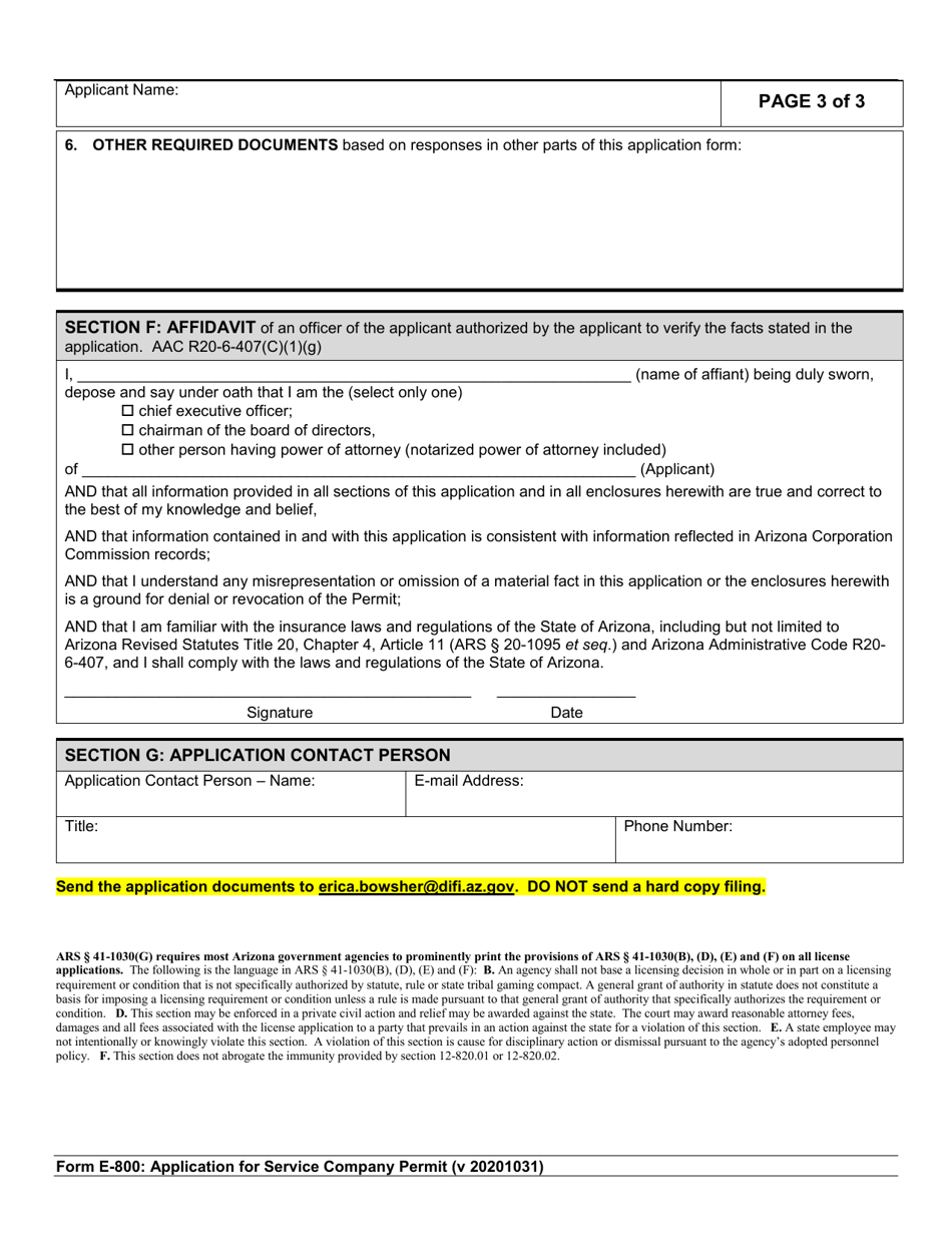 Form E-800 Application for Service Company Permit - Arizona, Page 3