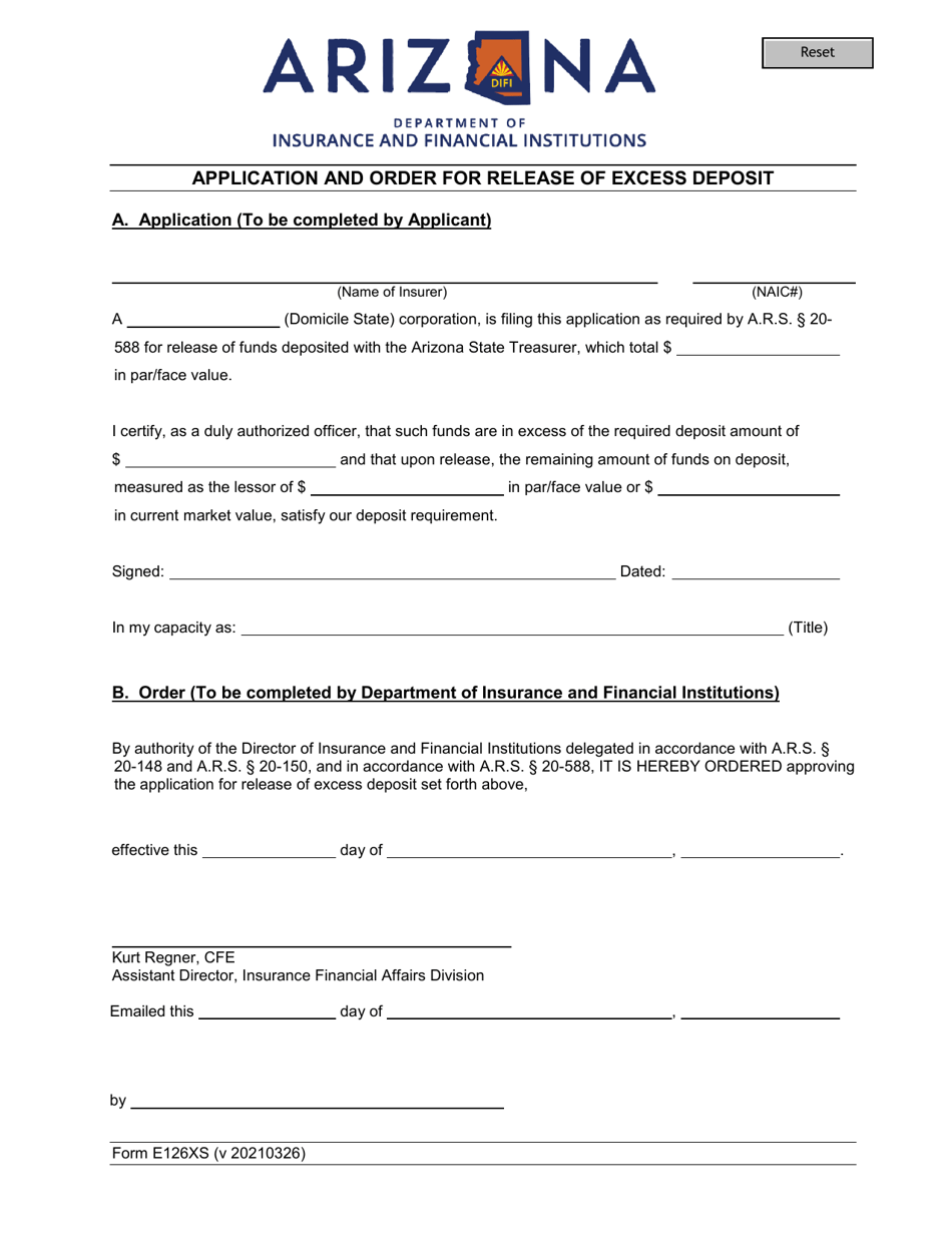 Form E126XS Application and Order for Release of Excess Deposit - Arizona, Page 1