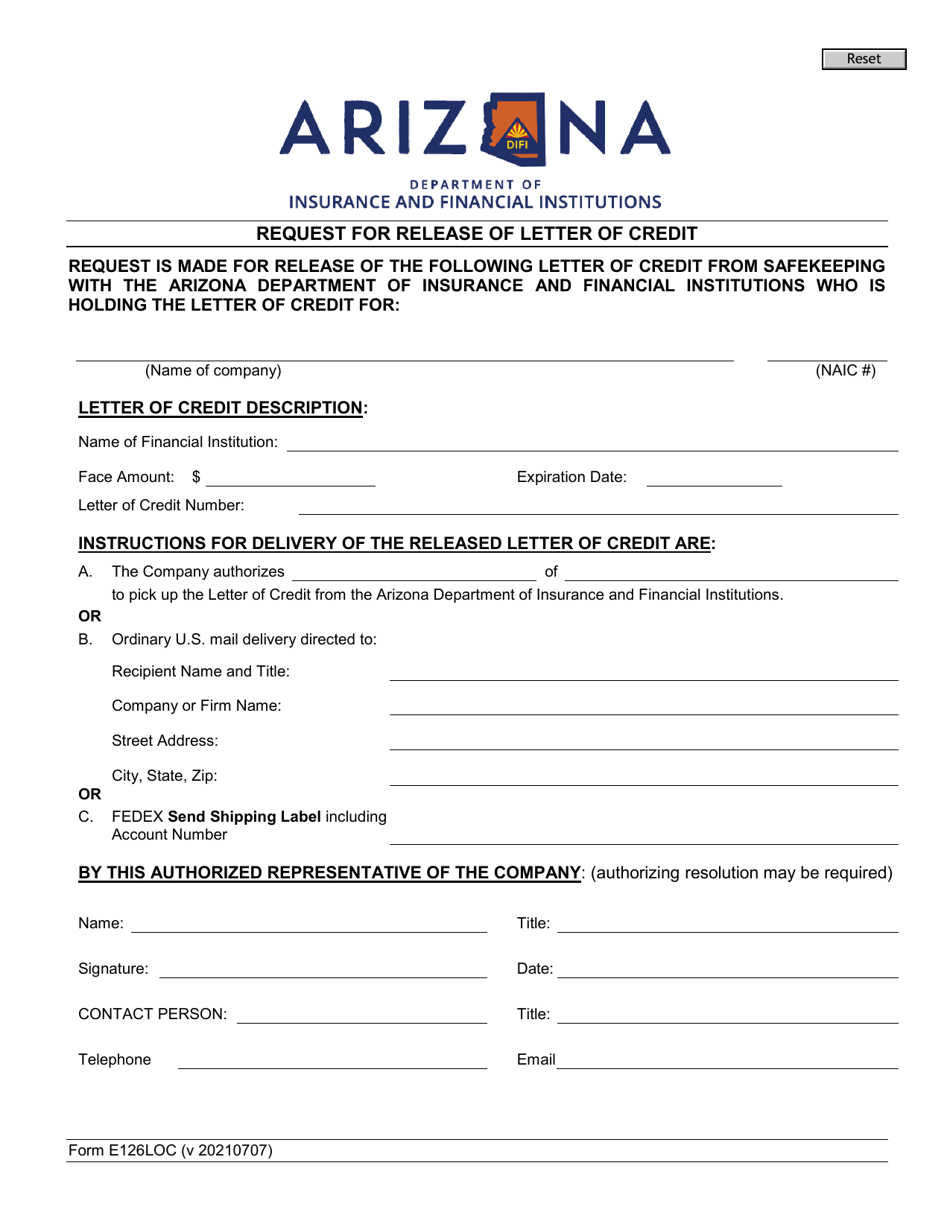 Form E126LOC Request for Release of Letter of Credit - Arizona, Page 1