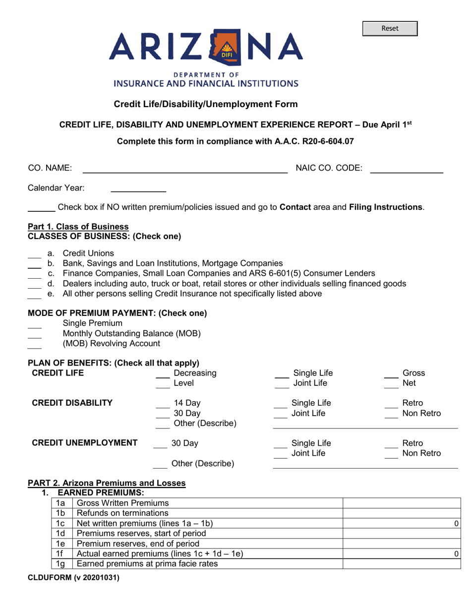 Credit Life, Disability and Unemployment Experience Report - Arizona, Page 1