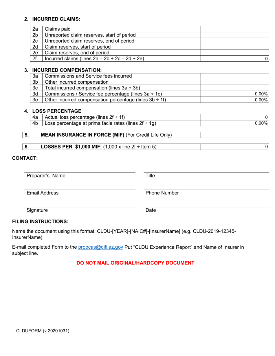 Credit Life, Disability and Unemployment Experience Report - Arizona, Page 2