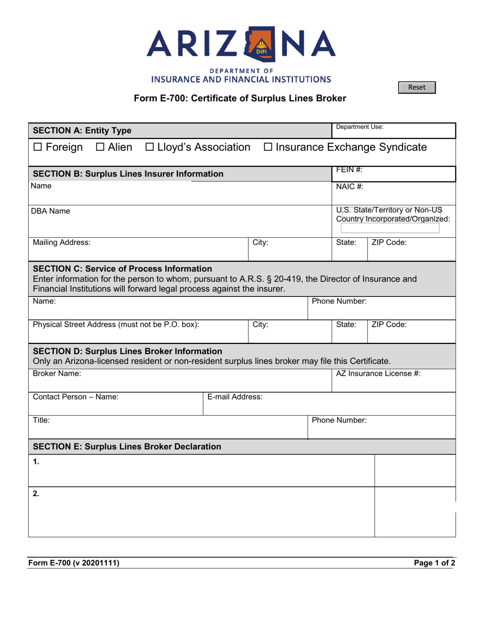 Form E-700 Certificate of Surplus Lines Broker - Arizona, Page 1