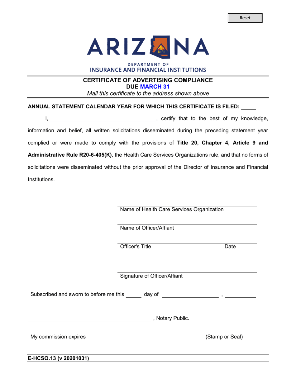 Form E-HCSO.13 Certificate of Advertising Compliance - Arizona, Page 1