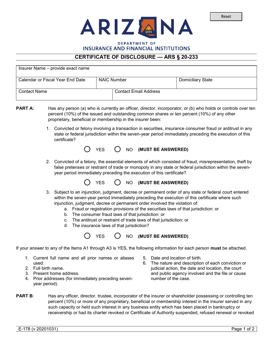 Form E-178 Certificate of Disclosure - Ars 20-233 - Arizona, Page 1